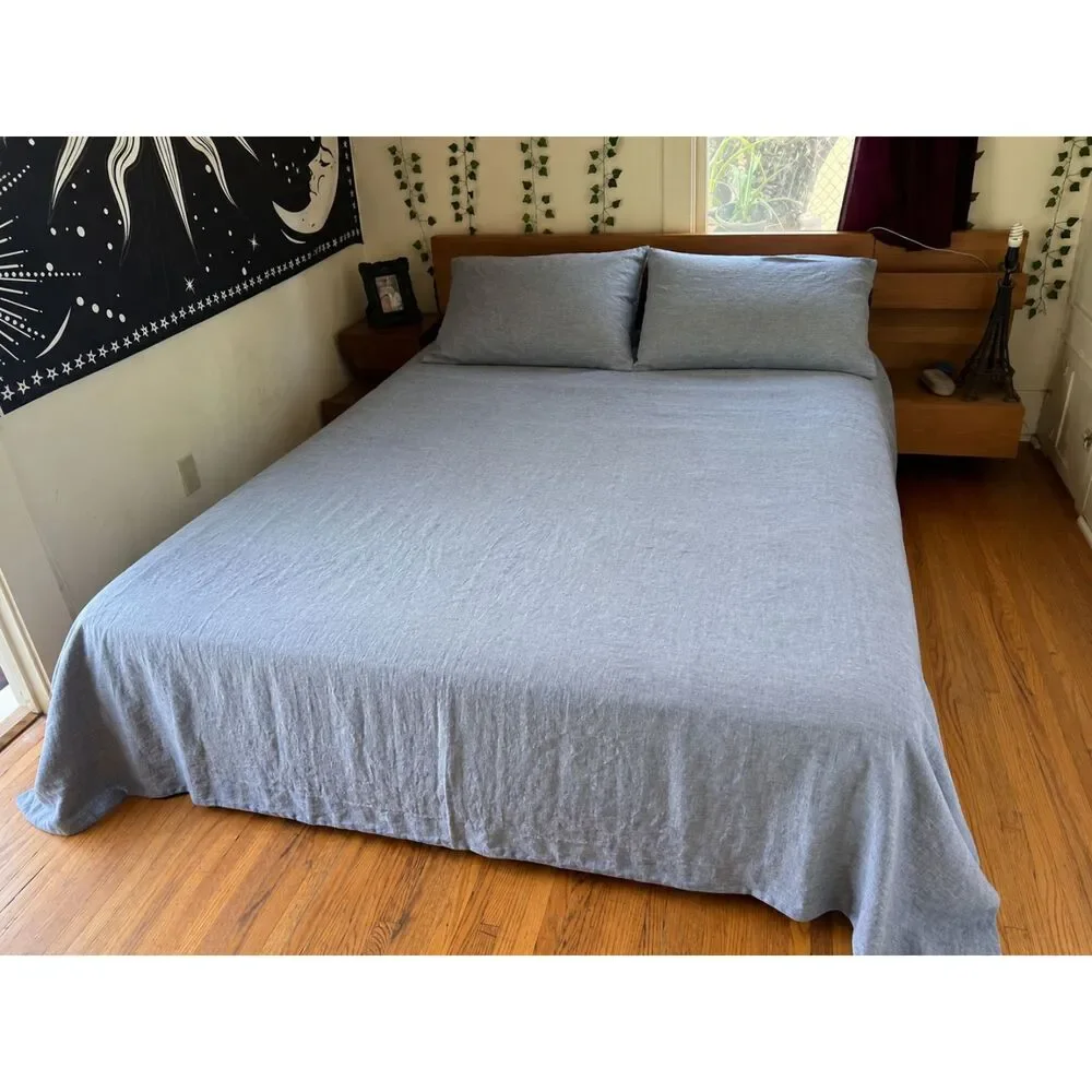 WEST ELM Blue Gray 100% Linen Queen Top Sheet Size 102 x 90